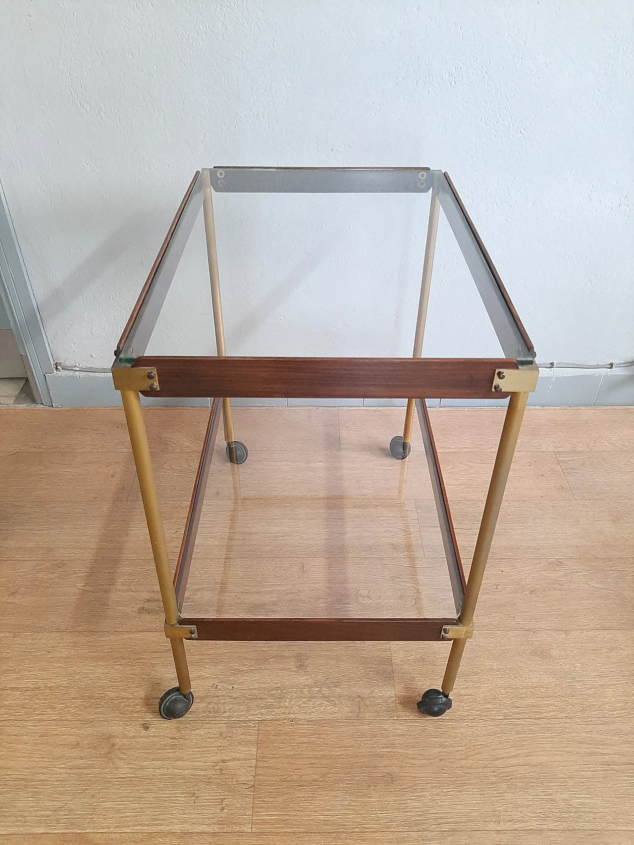 Wood And Brass Bar Trolley With Double Glass Shelf, 70s 4