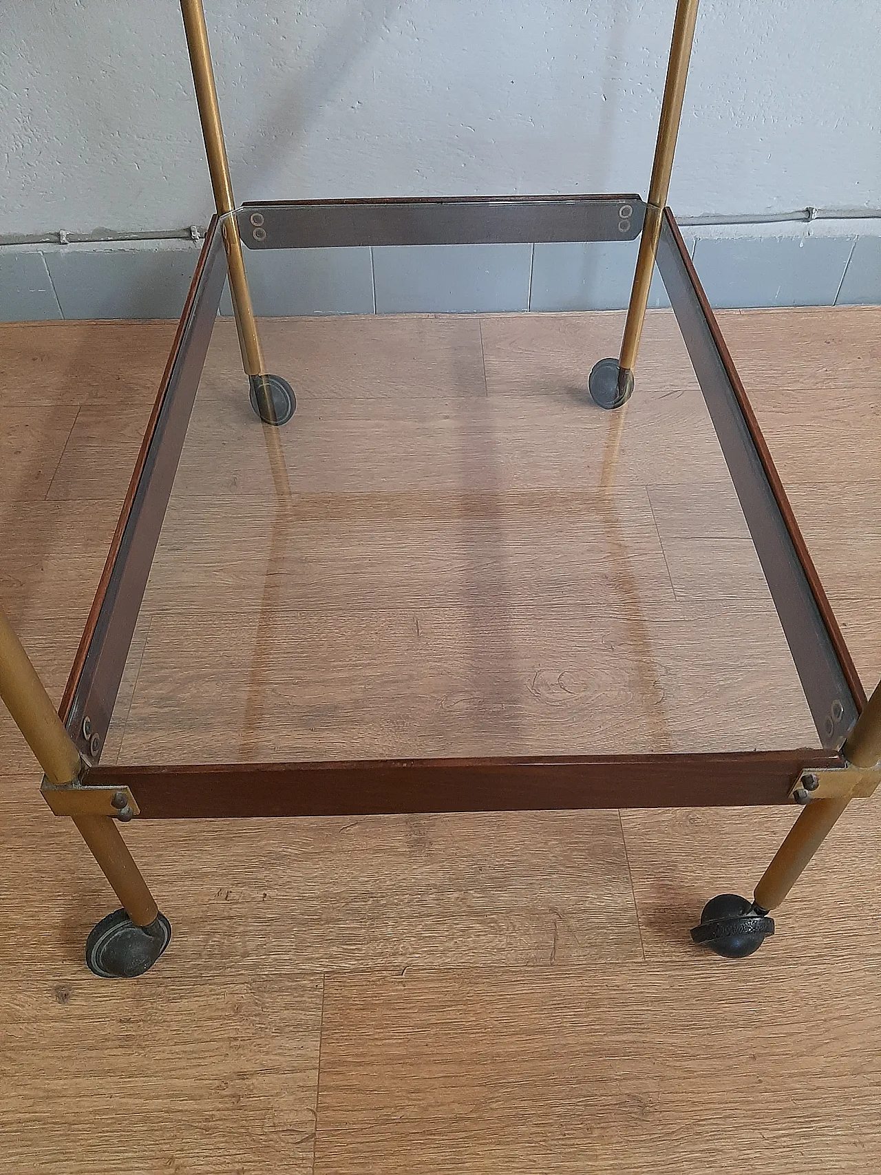 Wood And Brass Bar Trolley With Double Glass Shelf, 70s 5