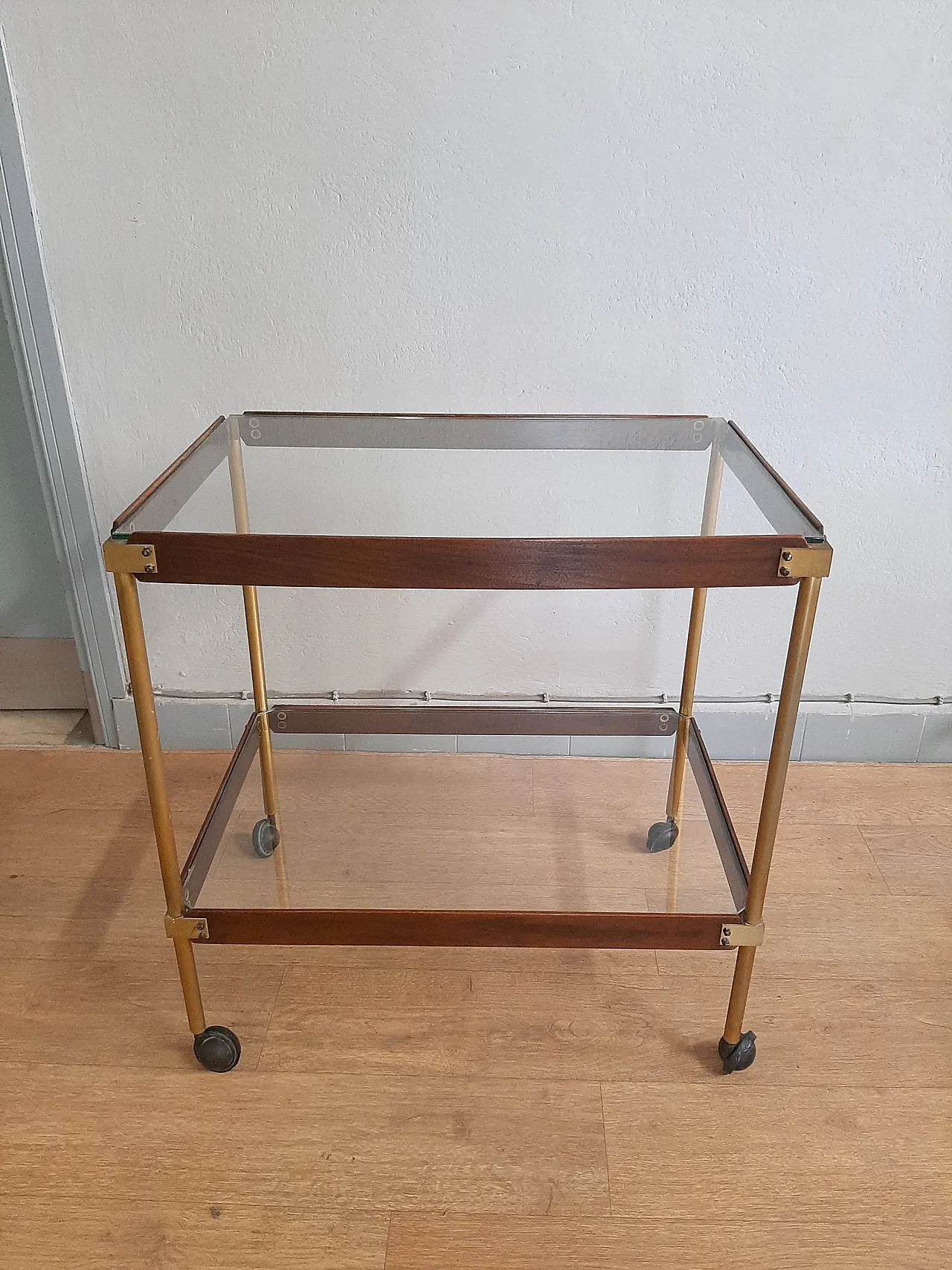 Wood And Brass Bar Trolley With Double Glass Shelf, 70s 6