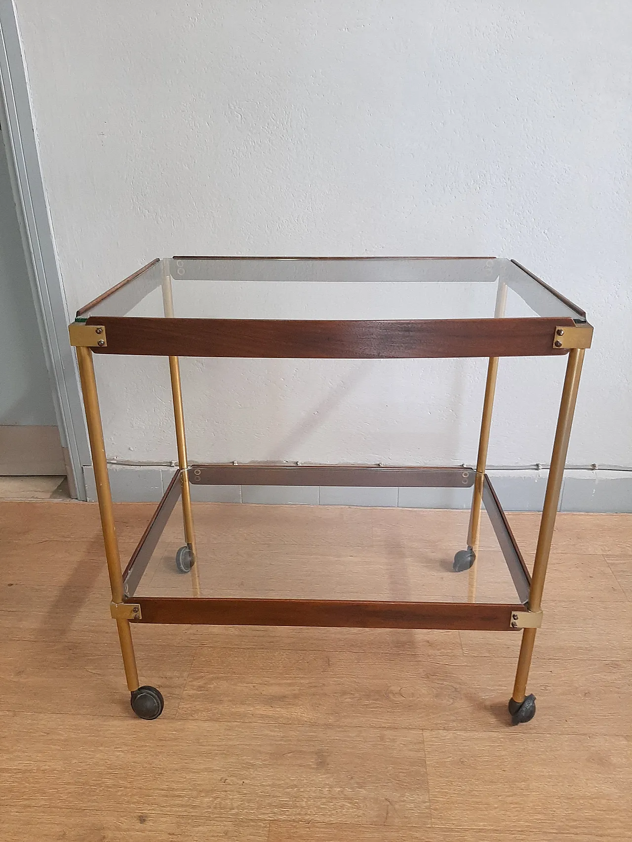 Wood And Brass Bar Trolley With Double Glass Shelf, 70s 7