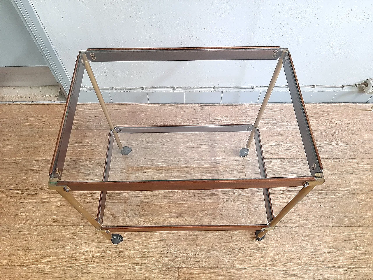 Wood And Brass Bar Trolley With Double Glass Shelf, 70s 8
