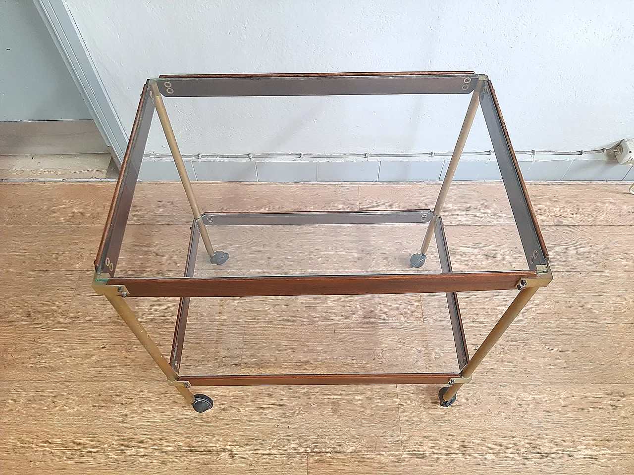 Wood And Brass Bar Trolley With Double Glass Shelf, 70s 9