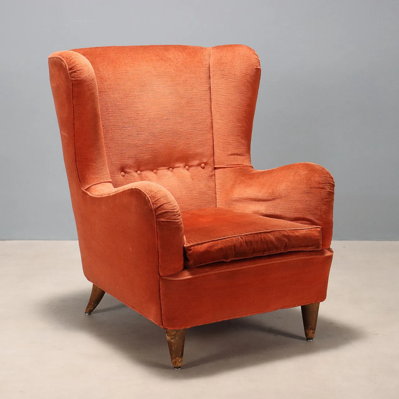 Wooden, feather and fabric armchair, 20th century 1