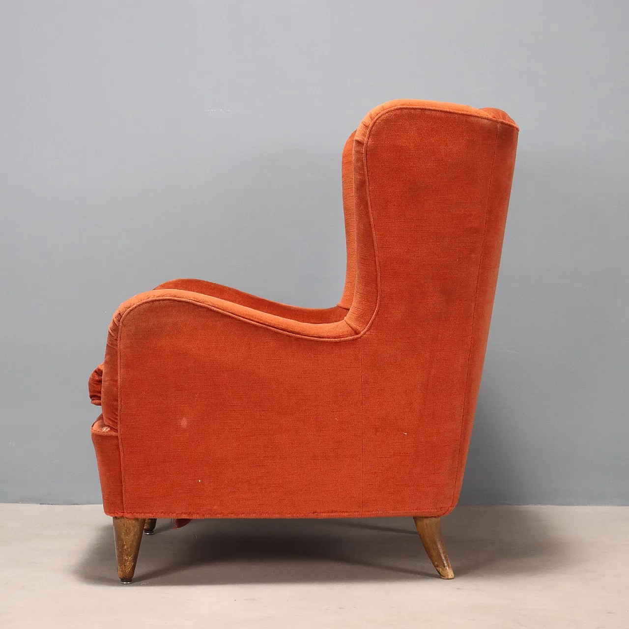 Wooden, feather and fabric armchair, 20th century 4