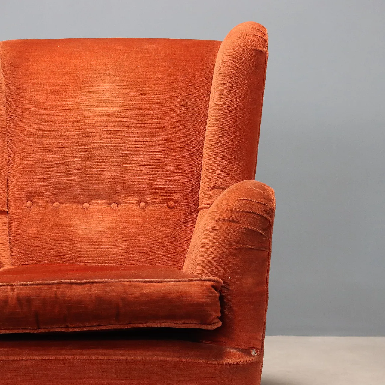 Wooden, feather and fabric armchair, 20th century 6