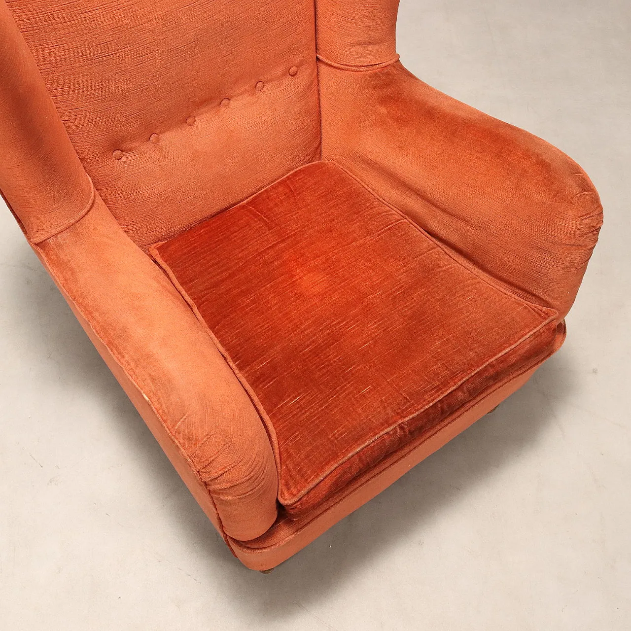 Wooden, feather and fabric armchair, 20th century 8