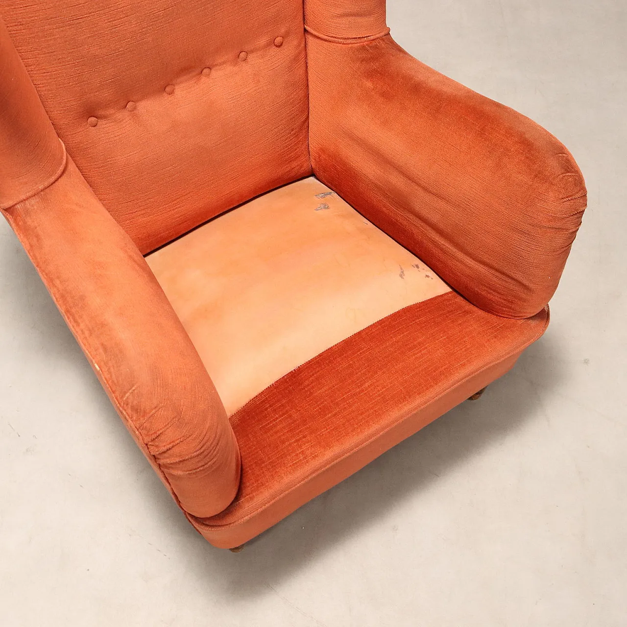 Wooden, feather and fabric armchair, 20th century 9