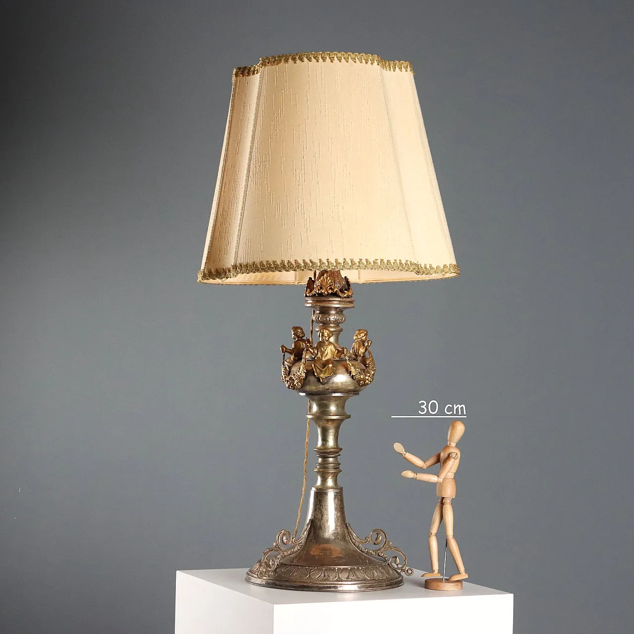 Lampada in lamiera argentata, bronzo dorato e tessuto, '800 2