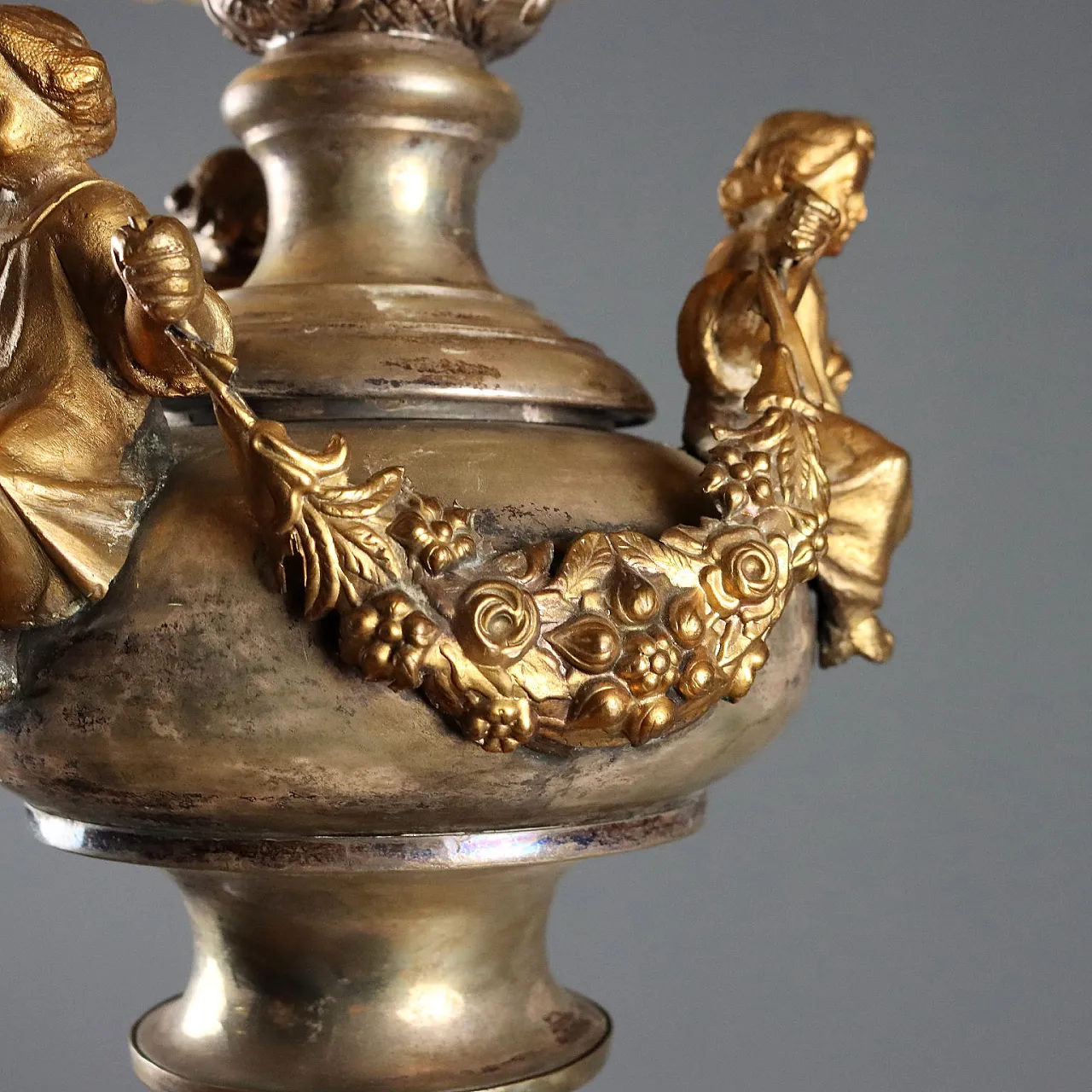 Lampada in lamiera argentata, bronzo dorato e tessuto, '800 5