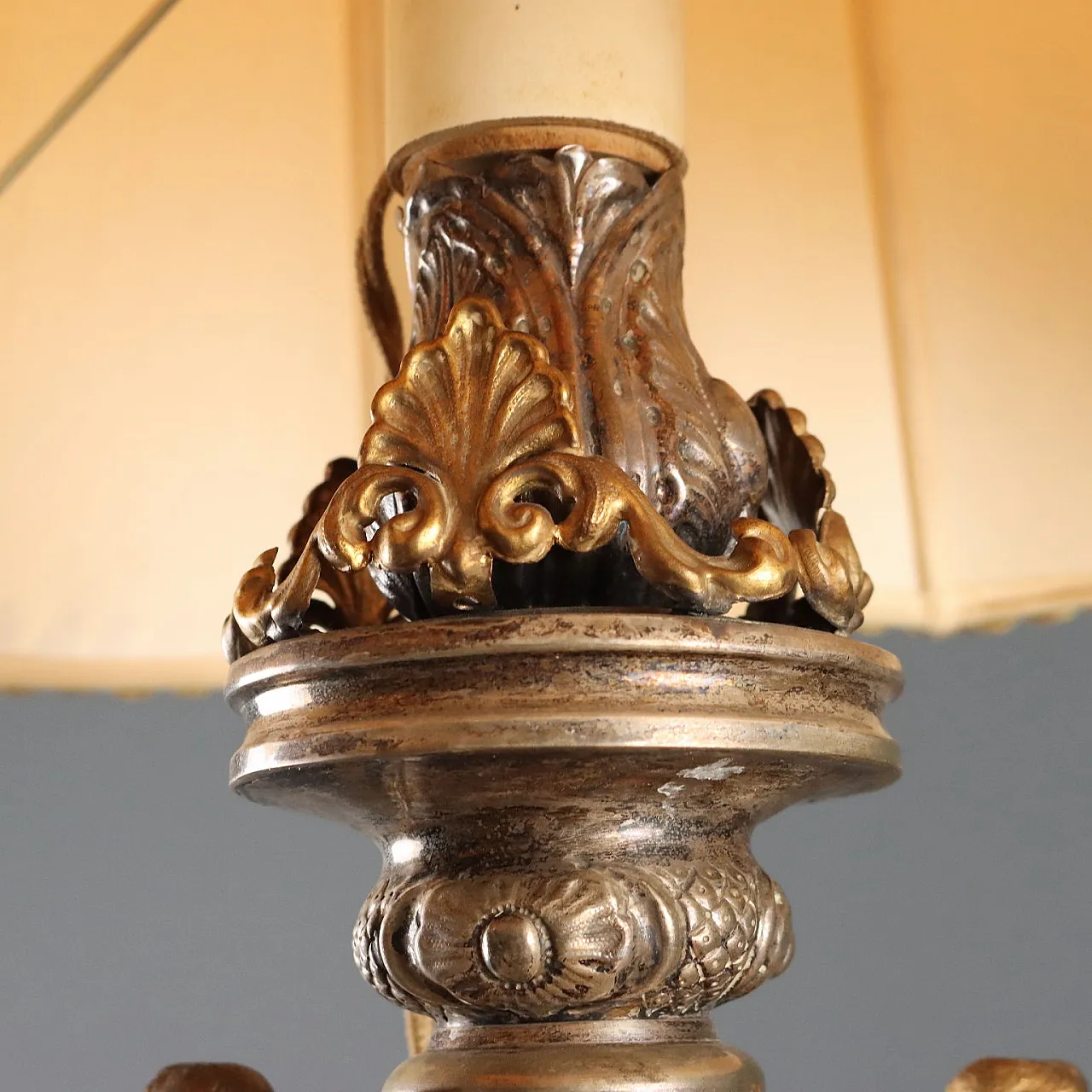 Lampada in lamiera argentata, bronzo dorato e tessuto, '800 6