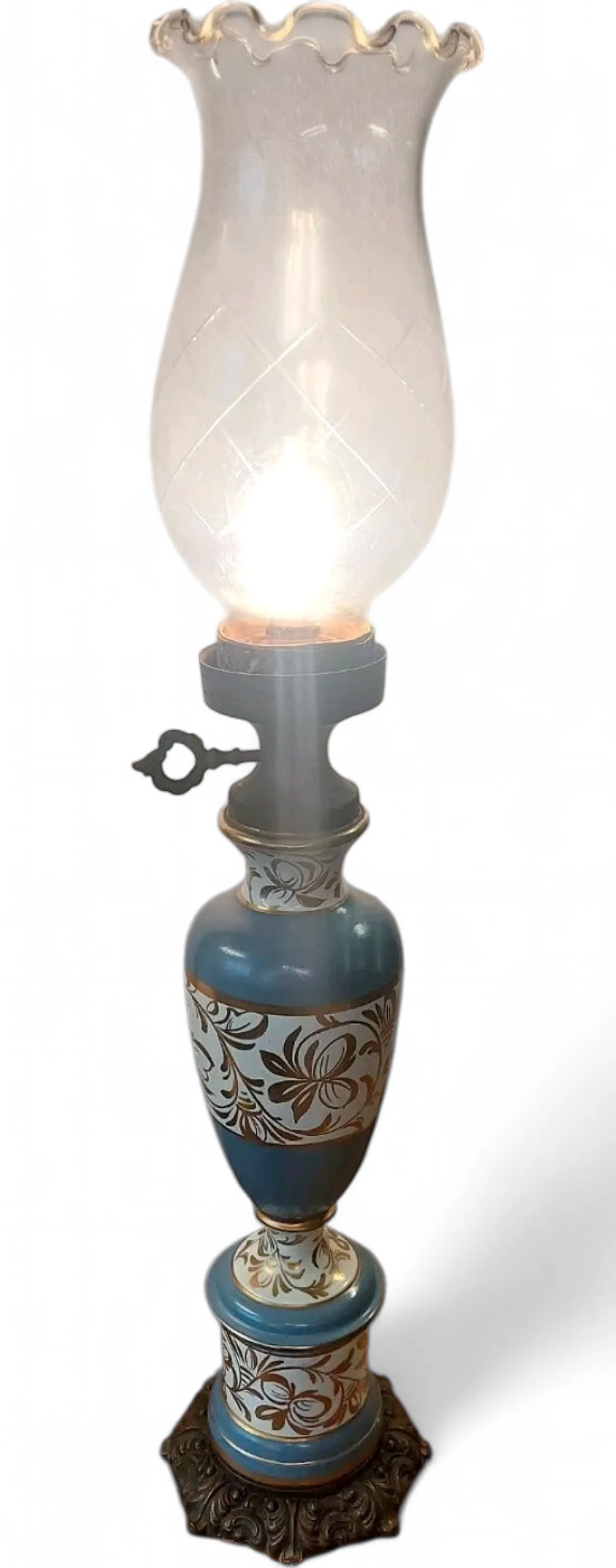 Lampada in ceramica, metallo e vetro lavorato, primo '900 11