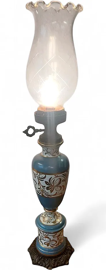 Lampada in ceramica, metallo e vetro lavorato, primo '900