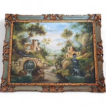 Arcadian Landscape by A. Velotti, oil on canvas, mid-20th century