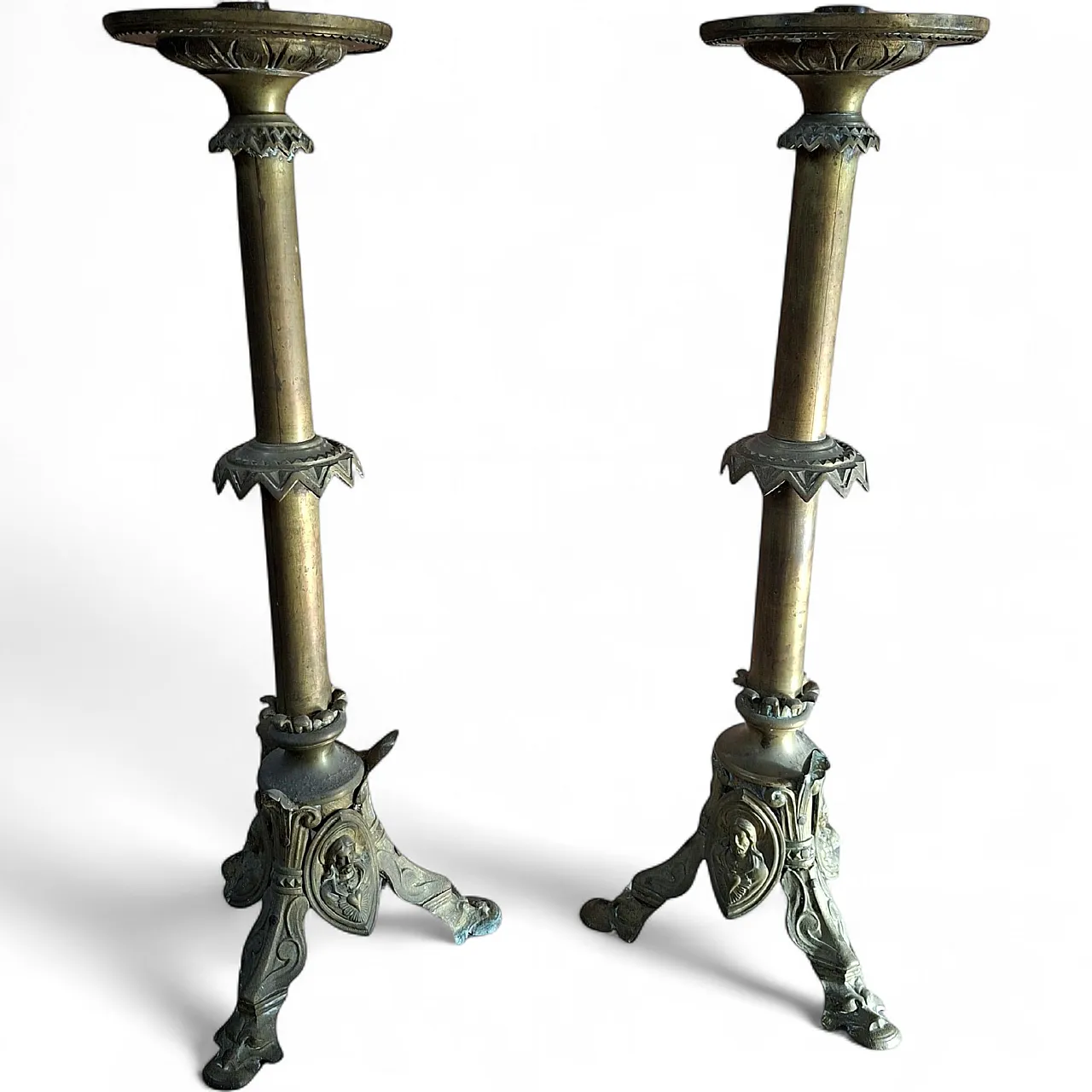Pair of Neo-Gothic style bronze altar candelabras, late 19th century 10
