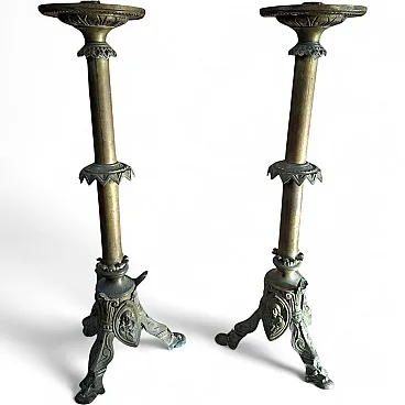 Pair of Neo-Gothic style bronze altar candelabras, late 19th century