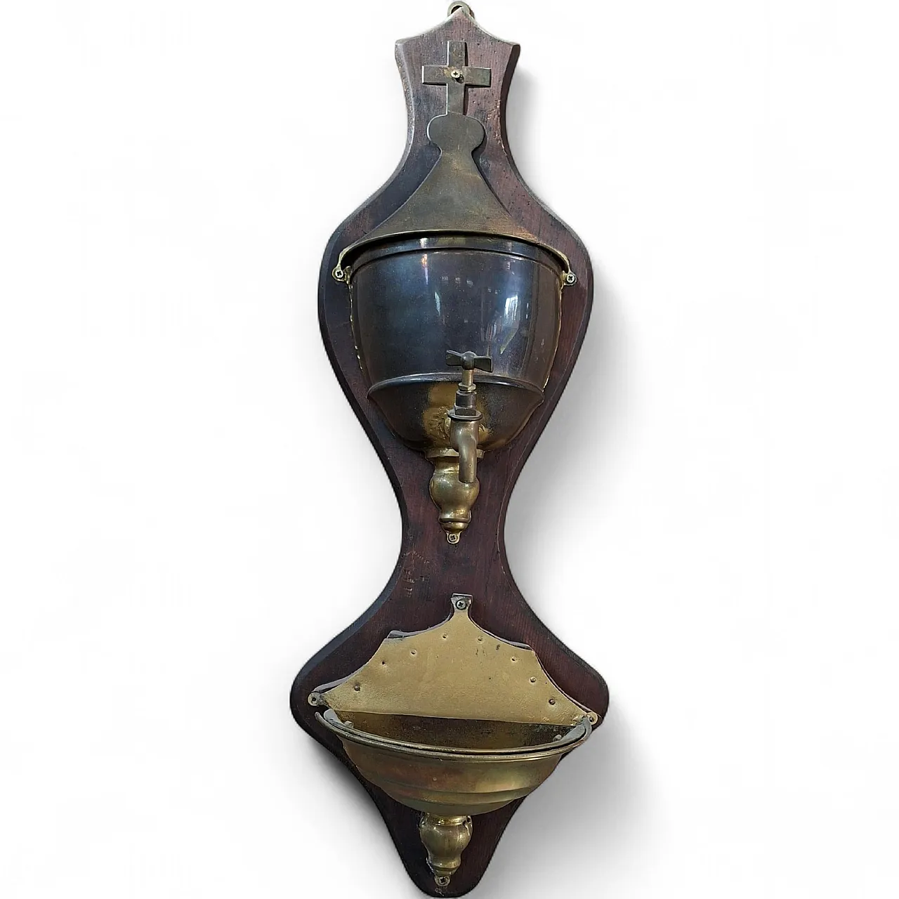 Brass and wooden wall hand washers with cross, early 20th century 11