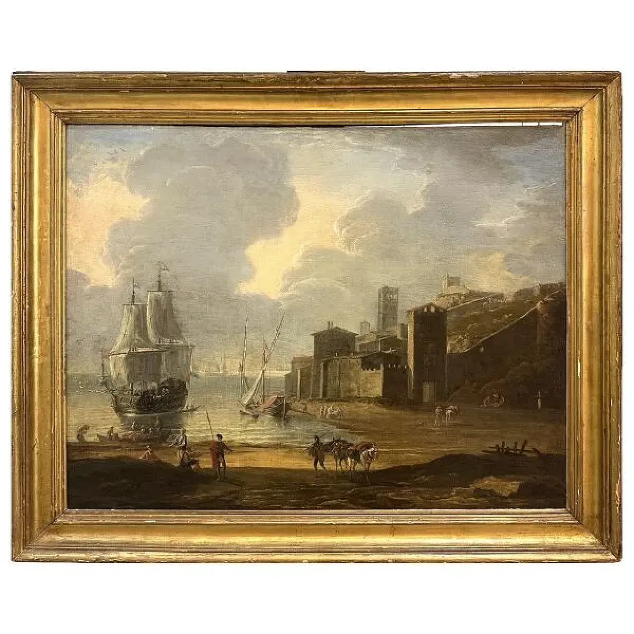 Porto mediterraneo con velieri e figure, seguace di A. Storck, '700 2