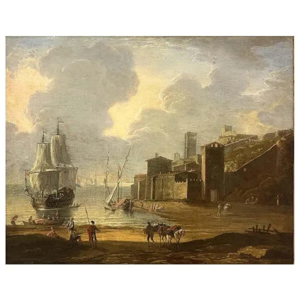 Porto mediterraneo con velieri e figure, seguace di A. Storck, '700 3