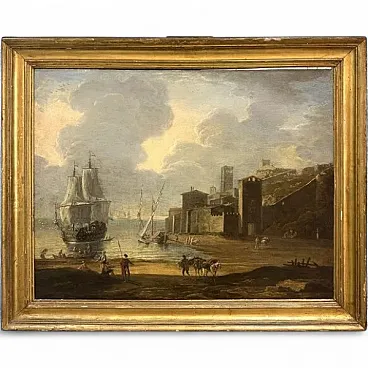 Porto mediterraneo con velieri e figure, seguace di A. Storck, '700