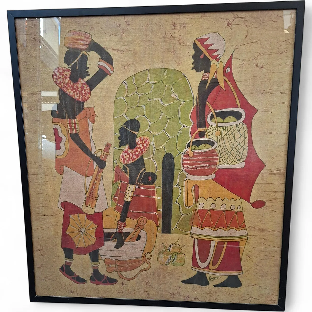African Batik painting by Hamidi, art on fabric, 20th century 9