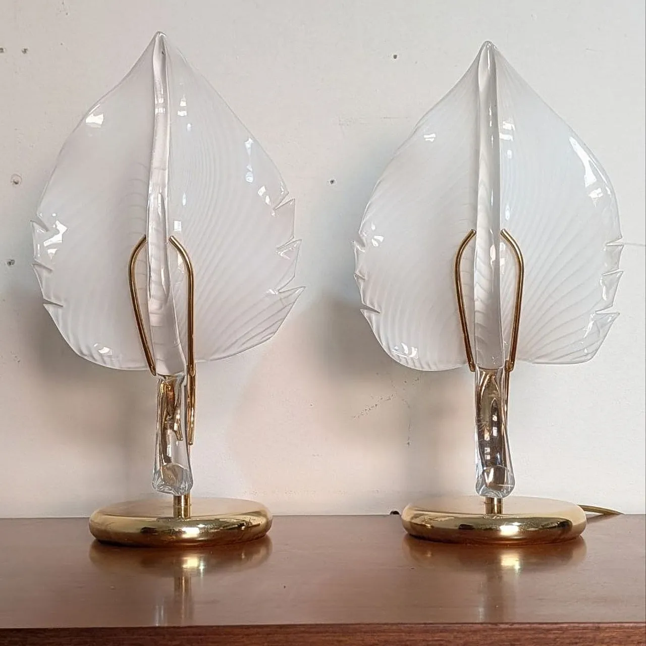Coppia di lampade a foglia Franco Luce in vetro di Murano e ottone 3
