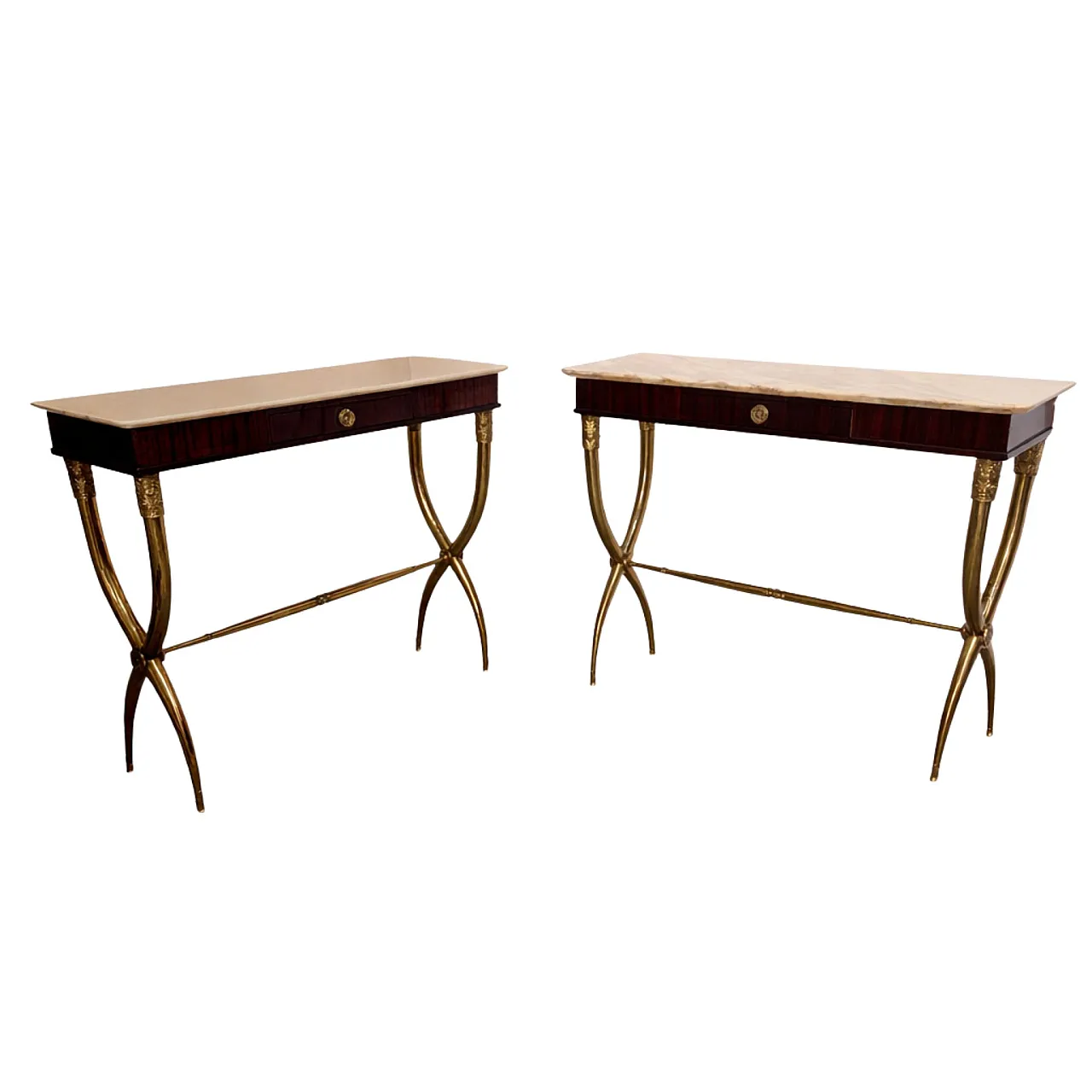 Coppia di console di Paolo Buffa in legno ottone marmo, anni '50 1