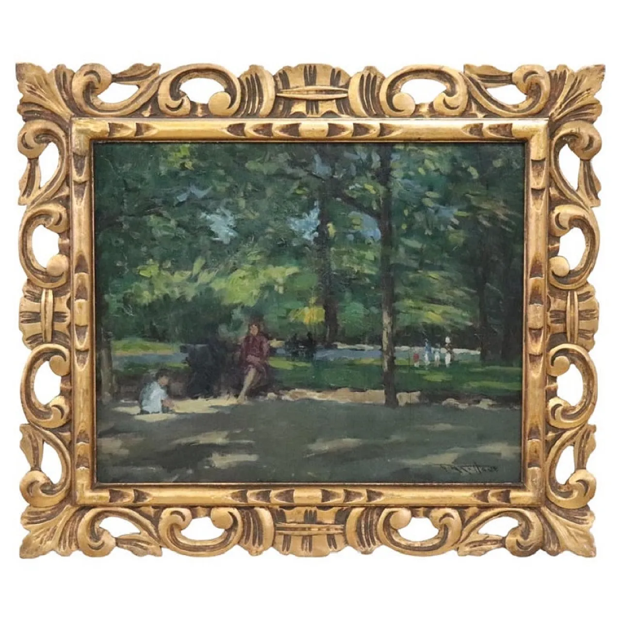 Oil painting on plywood, figures in the park, early 20th century 1