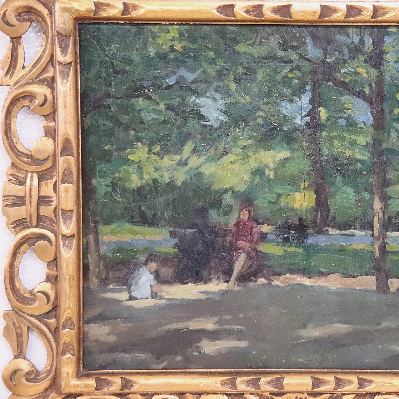 Oil painting on plywood, figures in the park, early 20th century 2