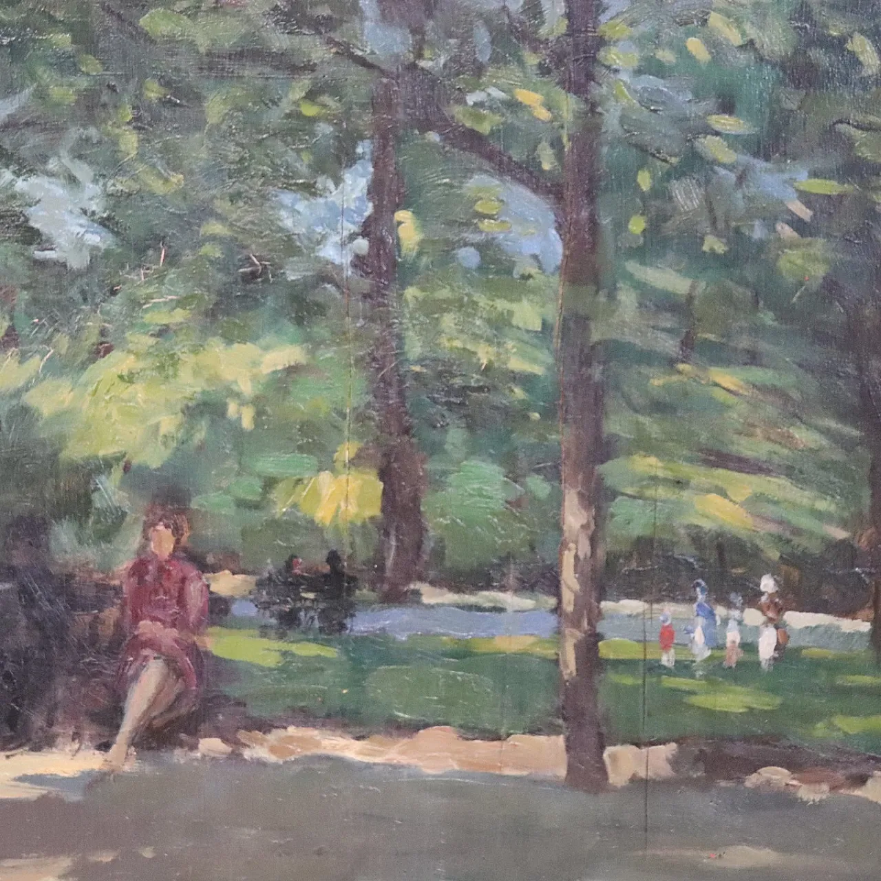 Oil painting on plywood, figures in the park, early 20th century 3