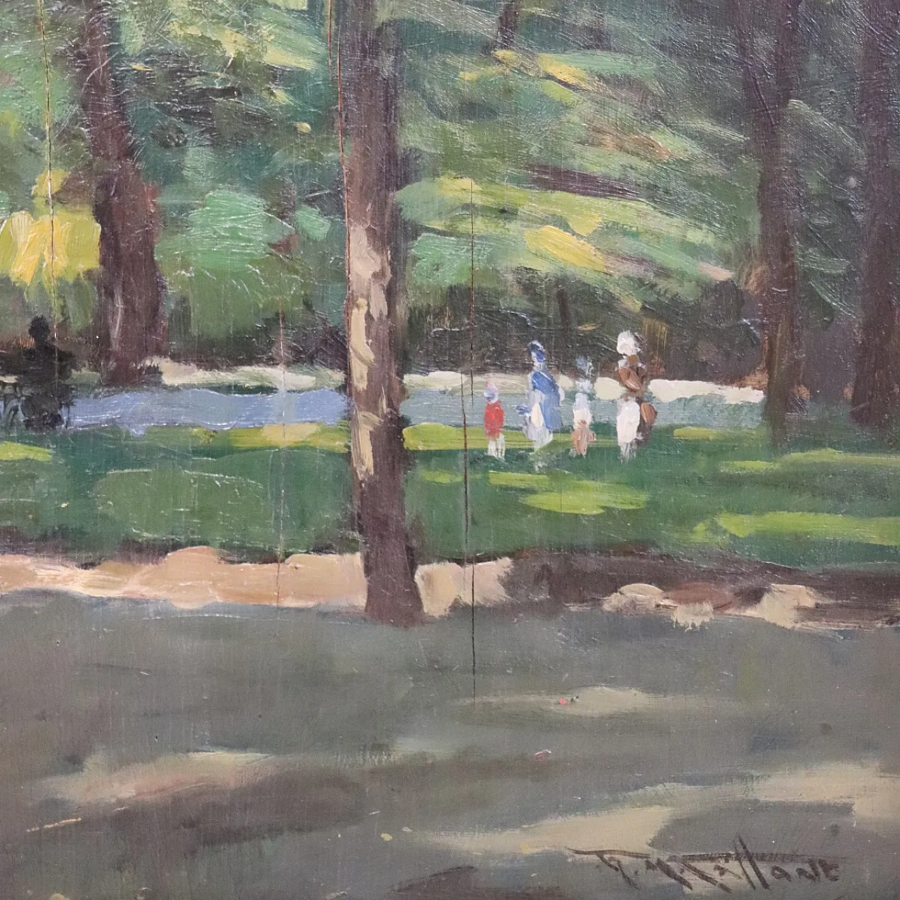 Oil painting on plywood, figures in the park, early 20th century 5