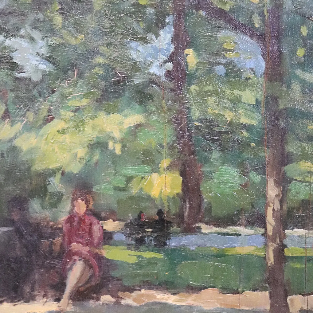 Oil painting on plywood, figures in the park, early 20th century 6