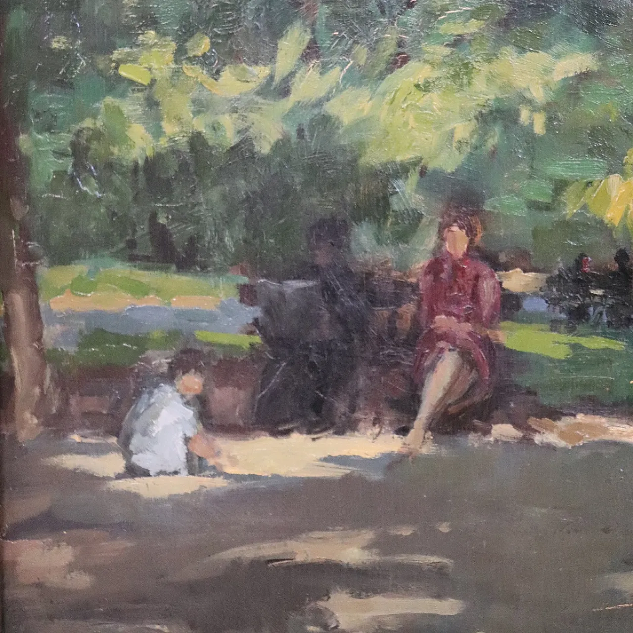 Oil painting on plywood, figures in the park, early 20th century 7