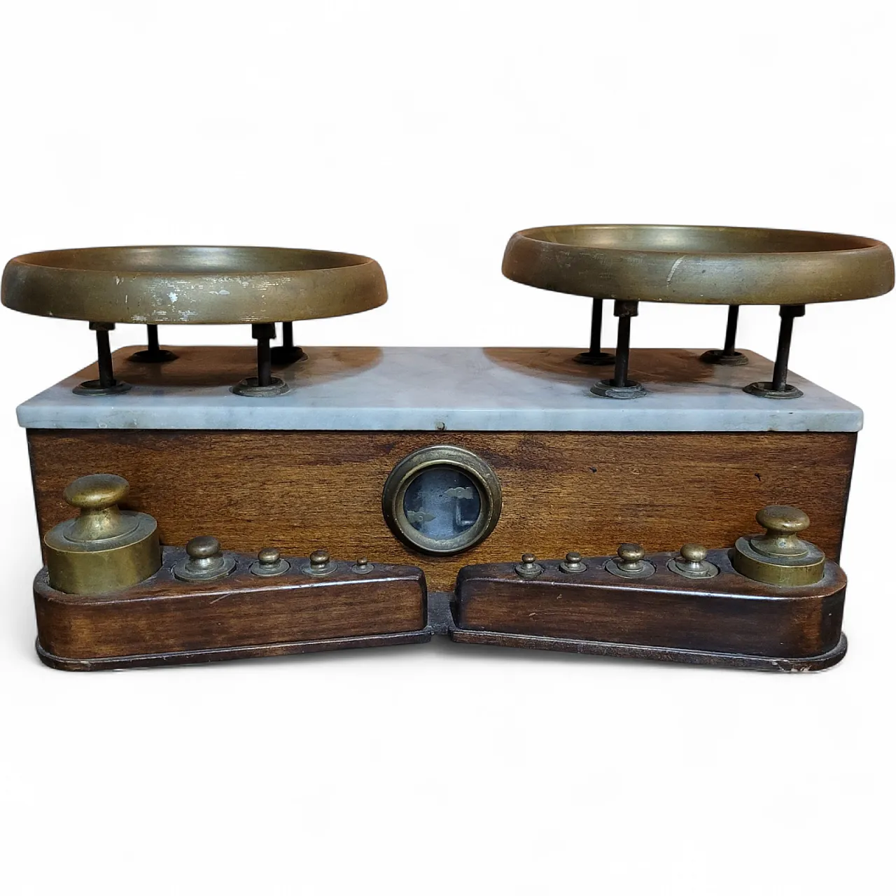 Bilancia a due piatti in legno, marmo e ottone, '800 8