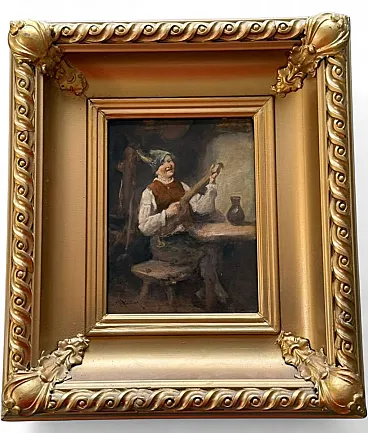 Signed Dutch Genre Scene of a Musician, Oil on Panel, Early 19th Century
