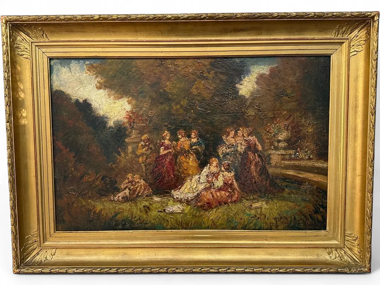Romantic Ladies in a Lush Garden, signed oil painting, 19th Century 20