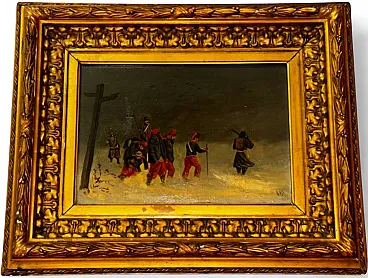 Soldiers in a winter scene, signed oil on wood, 19th century