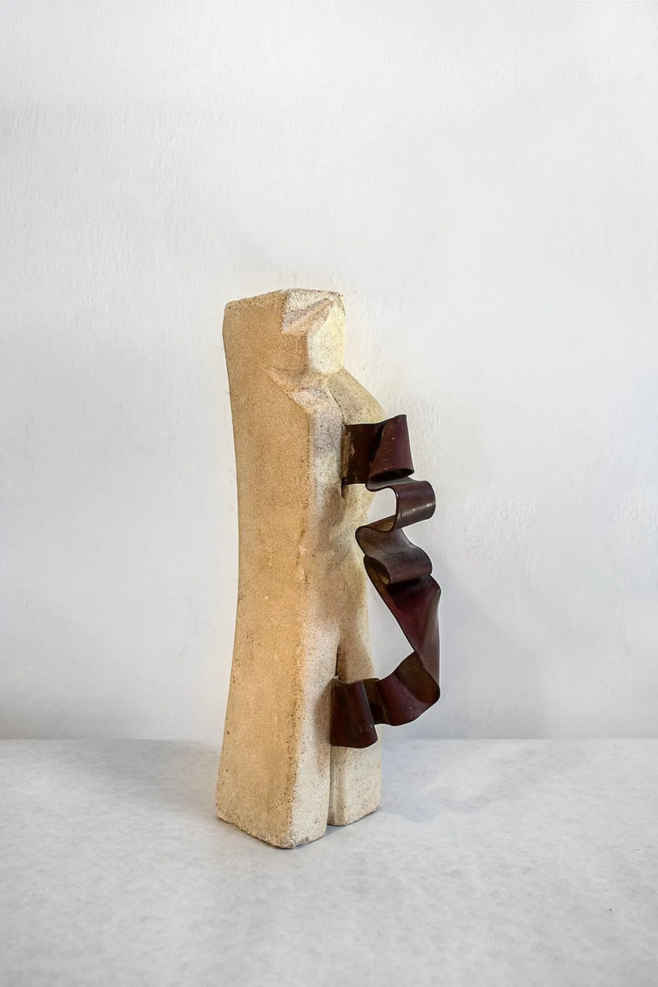 Abstract sculpture in travertine and copper, 1970s 1