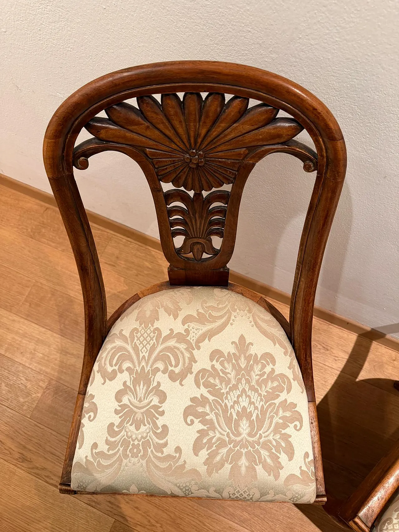 Pair of Neoclassical Style M‑Century Chairs in Carved Walnut, Italy, 1950s 4