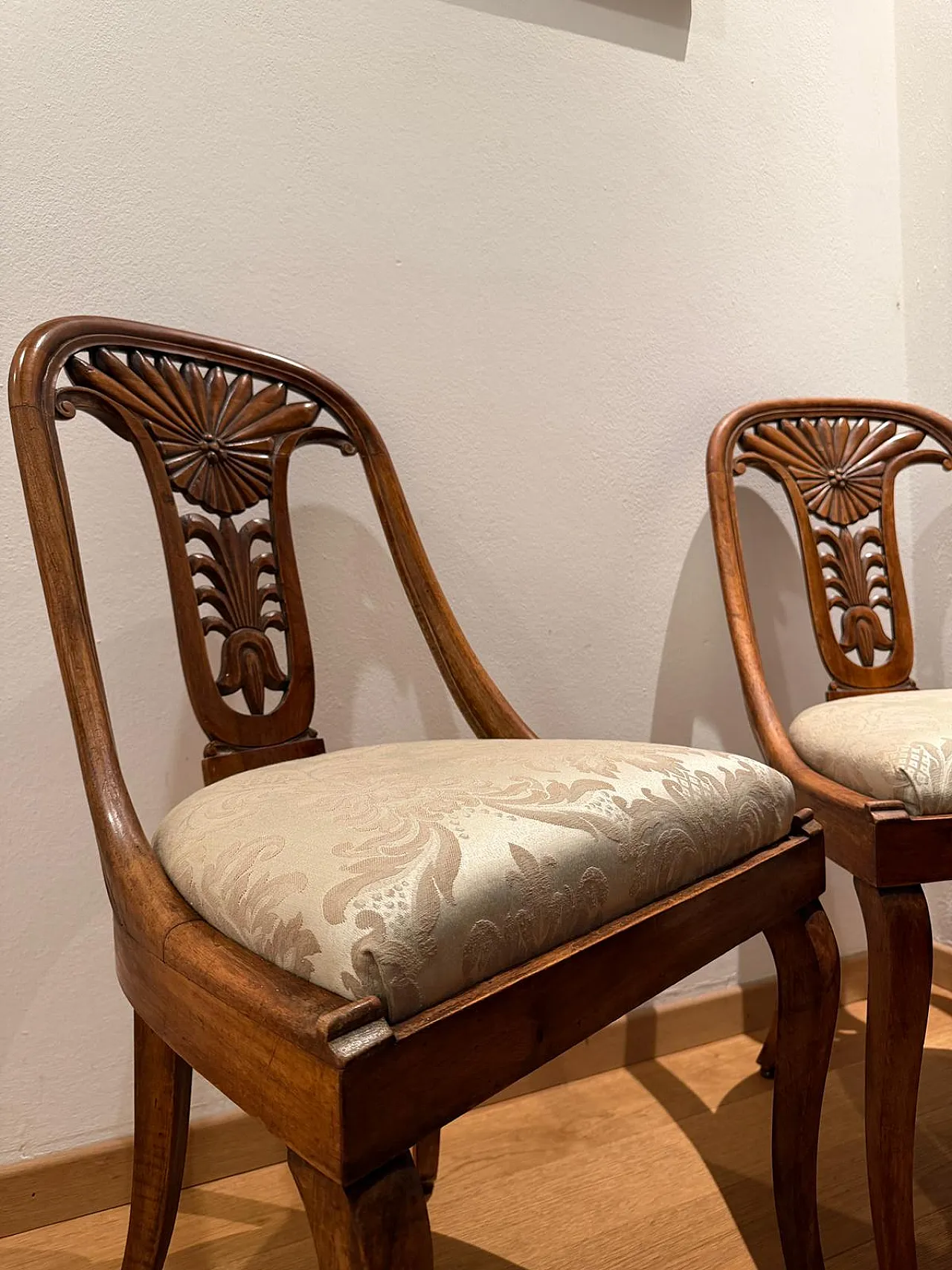 Pair of Neoclassical Style M‑Century Chairs in Carved Walnut, Italy, 1950s 9