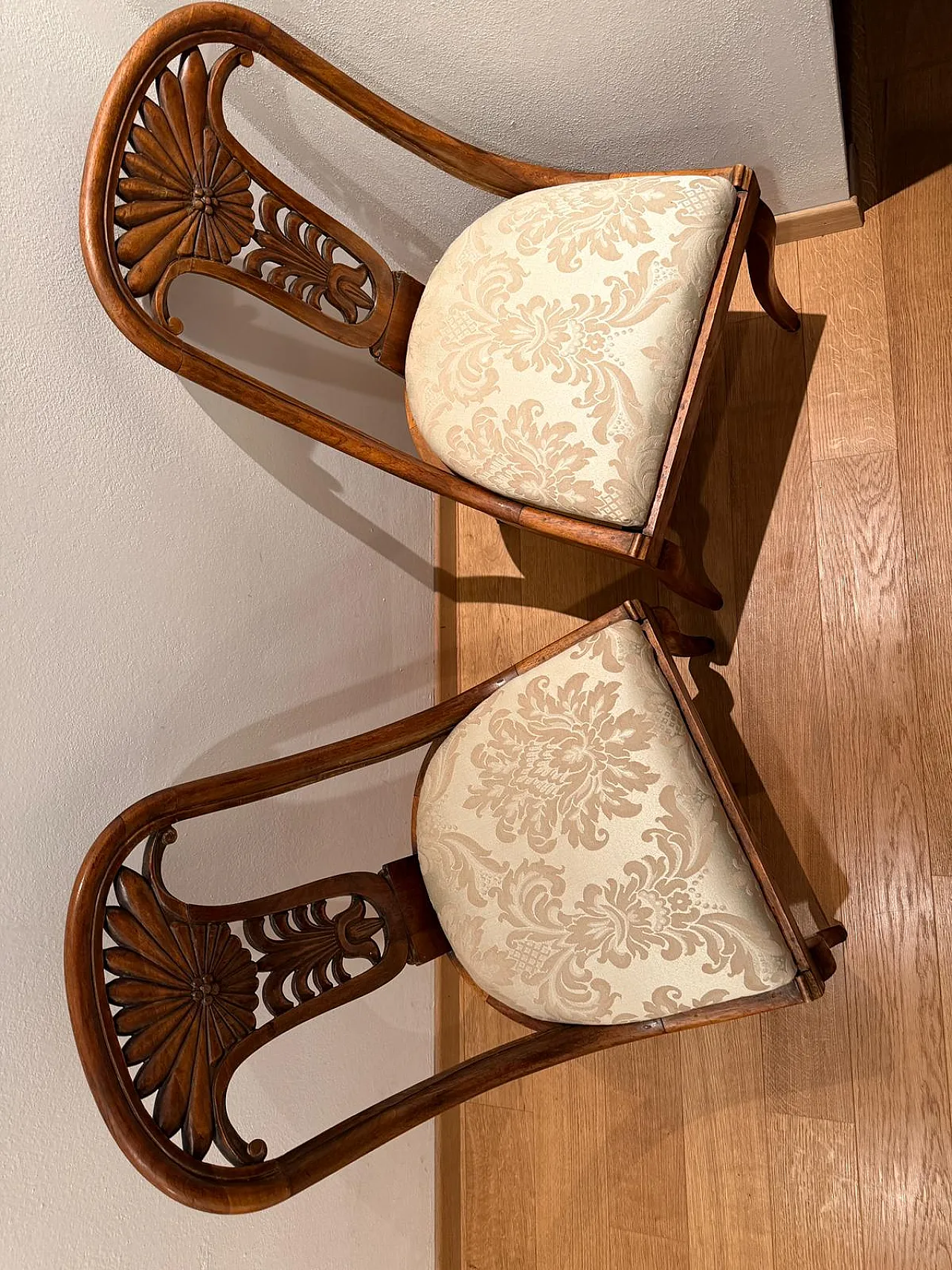 Pair of Neoclassical Style M‑Century Chairs in Carved Walnut, Italy, 1950s 10