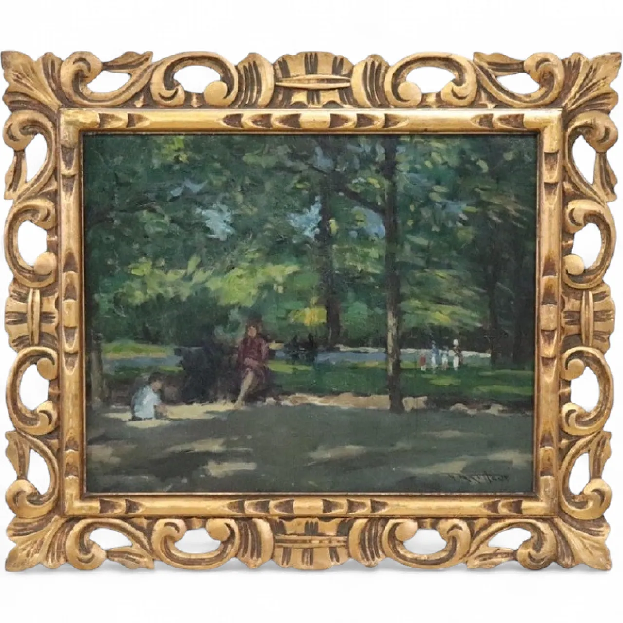 Oil painting on plywood, figures in the park, early 20th century 12
