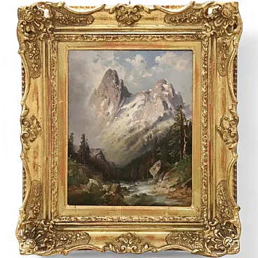 Oil painting on plywood, mountain landscape, 1972