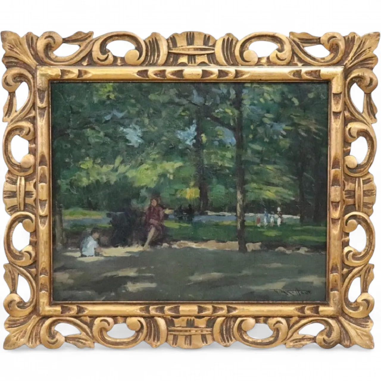 Oil painting on plywood, figures in the park, early 20th century 13