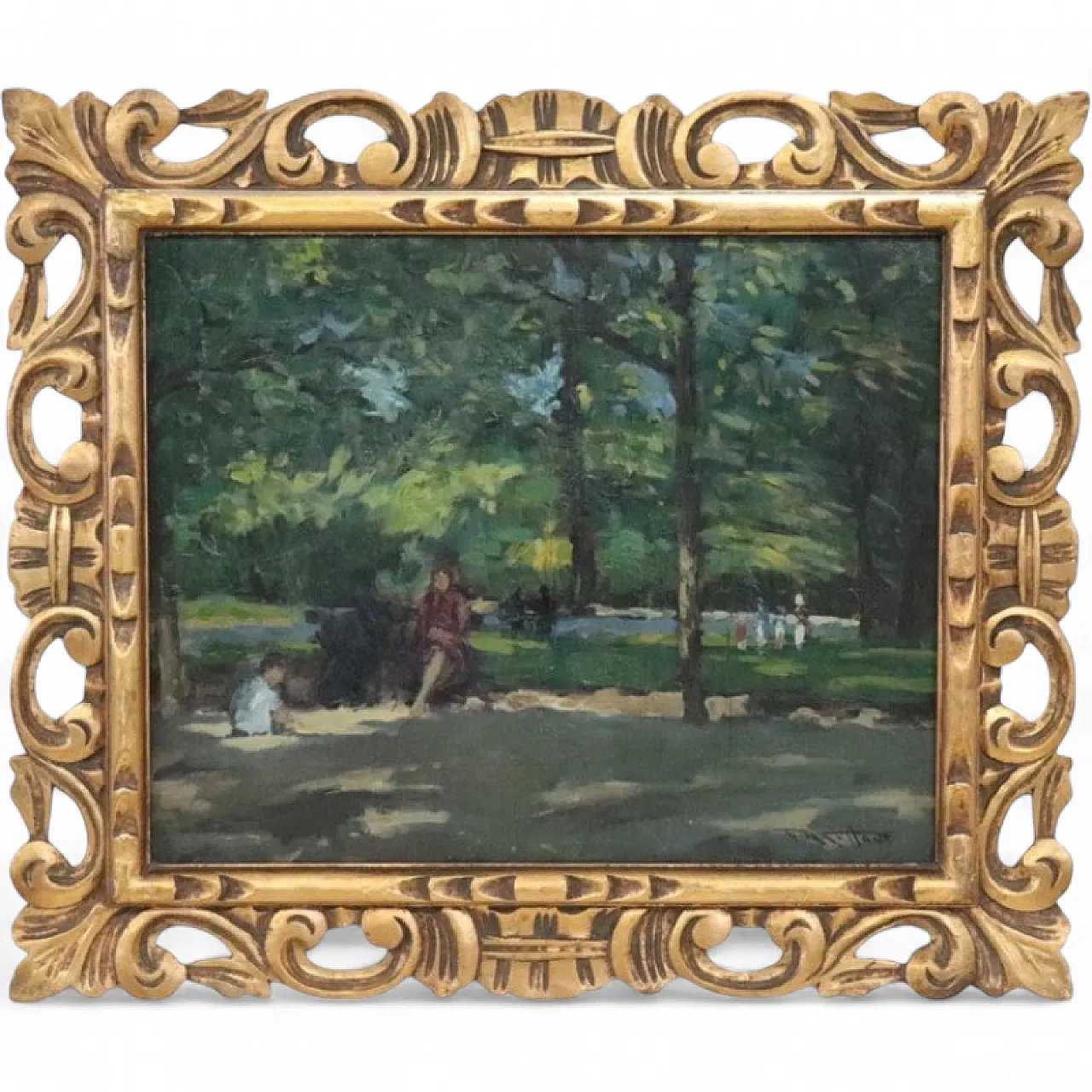 Oil painting on plywood, figures in the park, early 20th century 14