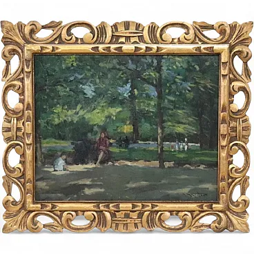 Oil painting on plywood, figures in the park, early 20th century