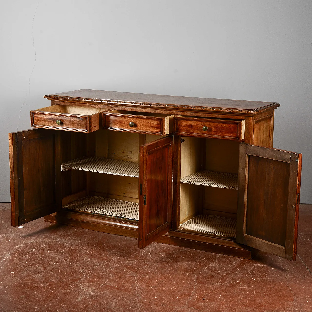 Credenza 3 ante e cassetti in legno e carta, '900 4