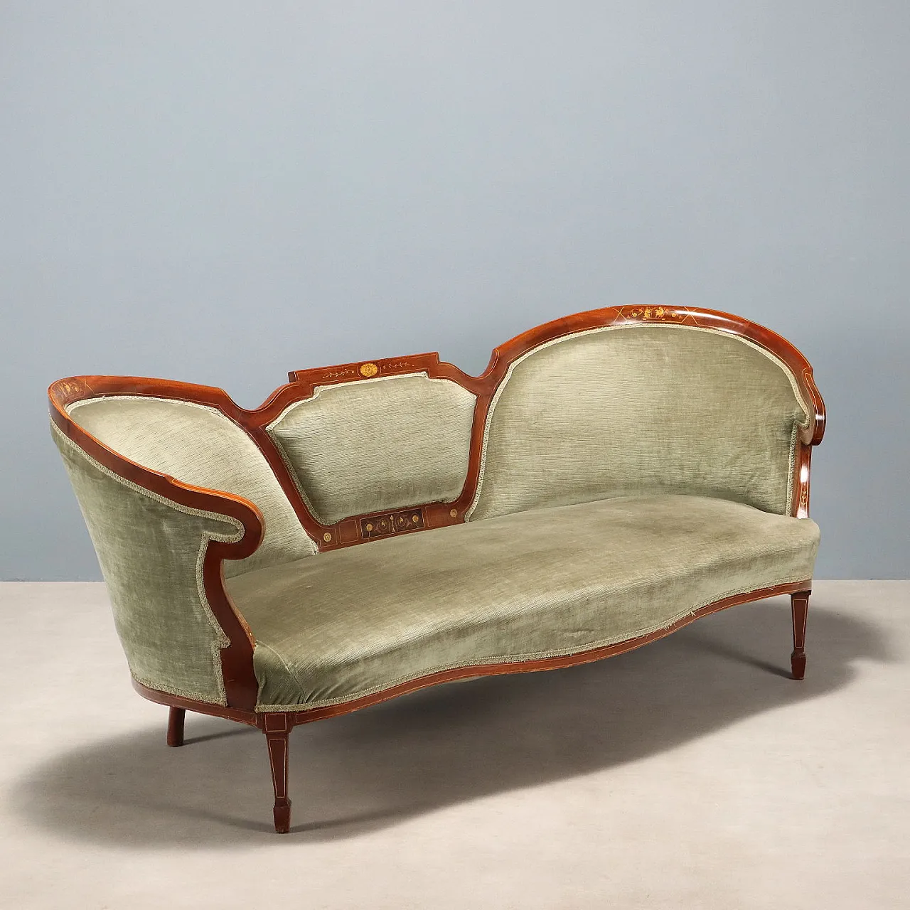 Mahogany and maple sofa with various wood inlays, late 19th century 1