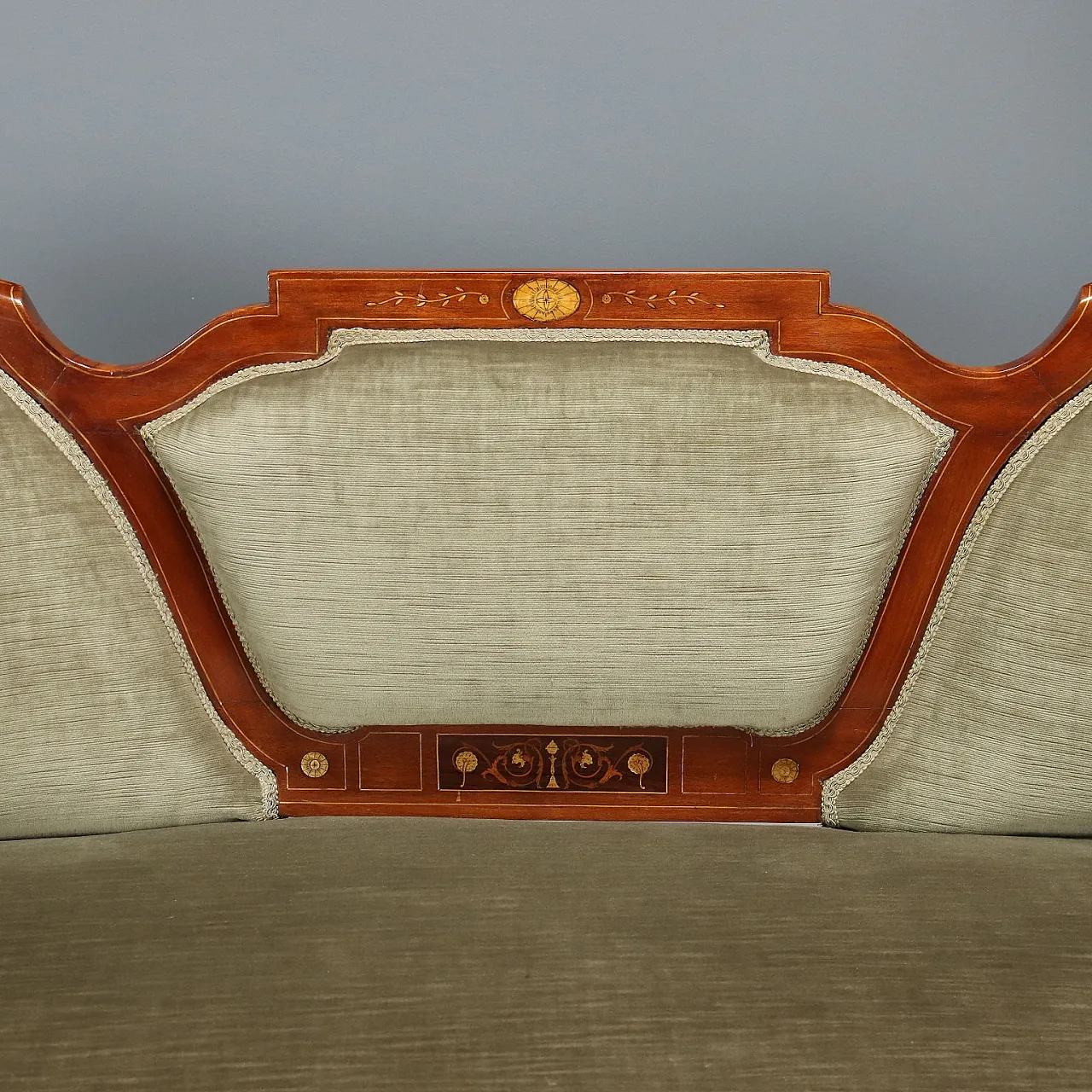 Mahogany and maple sofa with various wood inlays, late 19th century 4