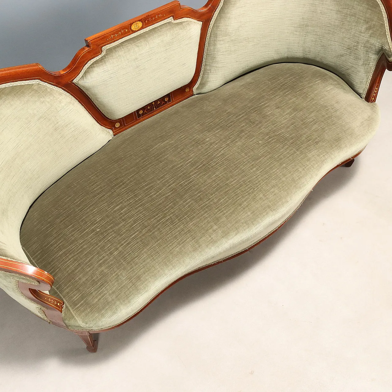 Mahogany and maple sofa with various wood inlays, late 19th century 8