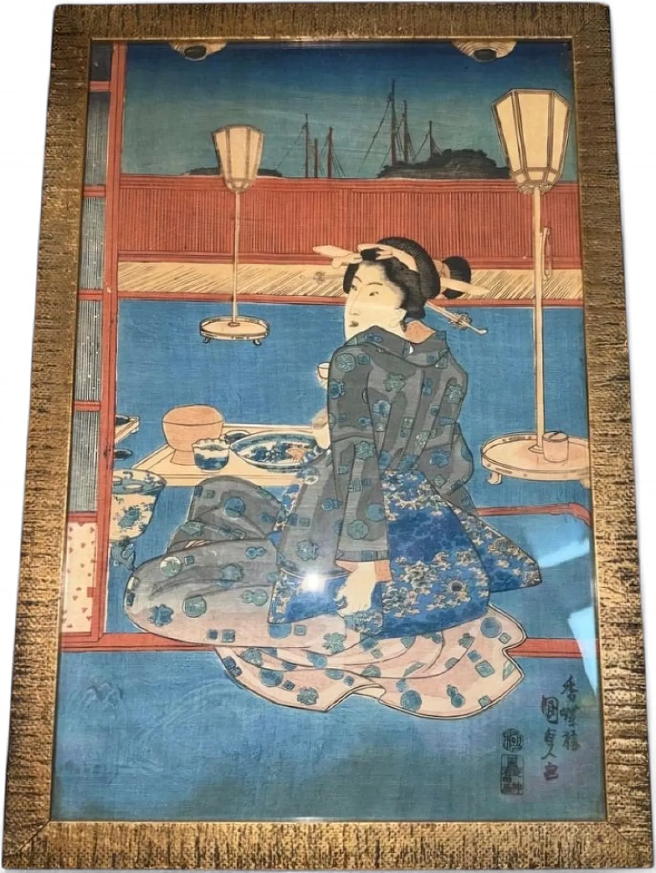 Donna su una terrazza con vista sulla baia, Kunisada, '800 9